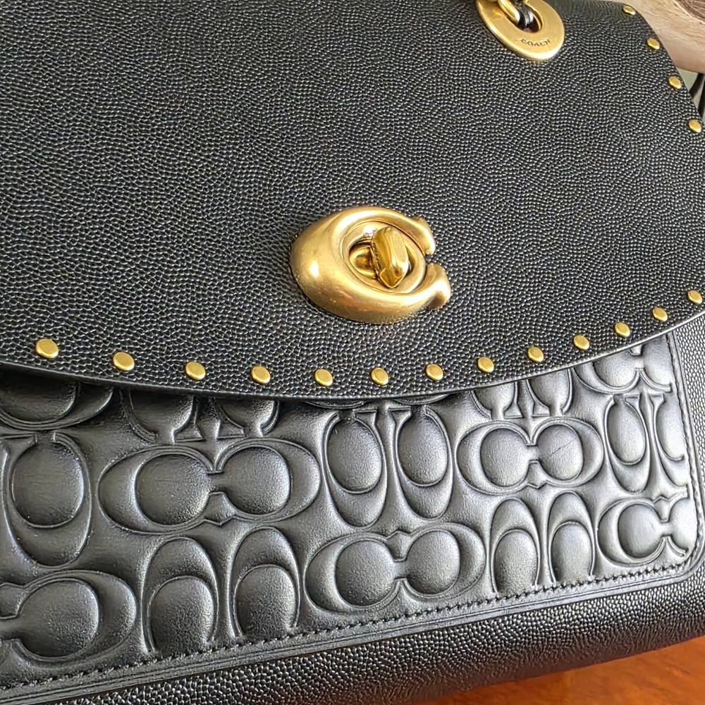 Coach 53344 Parker Black Leather Genuine Snakeskin Rivet Chain Shoulder Bag - Picture 2 of 16